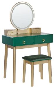 Sminkbord Grön och Guld MDF 4 Lådor LED Spegel Pall Vardagsrumsmöbler Glam Design Sovrum Beliani