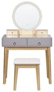 Sminkbord Grå och Guld MDF 4 Lådor LED Spegel Pall Vardagsrumsmöbler Glam Design Sovrum Beliani