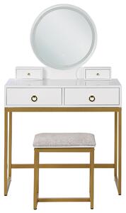 Sminkbord Vit och Guld MDF 4 Lådor LED Spegel Pall Vardagsrumsmöbler Glam Design Sovrum Beliani