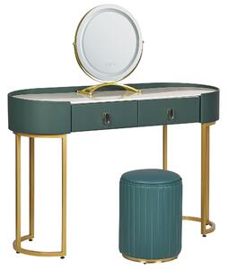Sminkbord 118 x 39 cm med pall och LED-spegel mörkgrön/guld VINAX Beliani