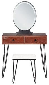 Sminkbord Mörkt Trä och Svart MDF 2 Lådor LED Spegel Pall Vardagsrumsmöbler Glam Design Beliani