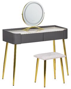 Sminkbord Grå och Guld MDF 2 Lådor LED-Spegel Pall Vardagsrumsmöbler Glam Design Beliani