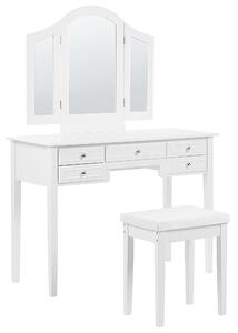 Sminkbord Vit MDF 95 x 45 x 144 cm 5 lådor Spegel Pall Vardagsrumsmöbler Retrodesign Beliani
