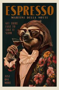 Illustration Art Deco Espresso Martini Drinking Sloth, The Whiskey Ginger