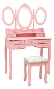 Sminkbord med pall och 3 speglar rosa - Rosa