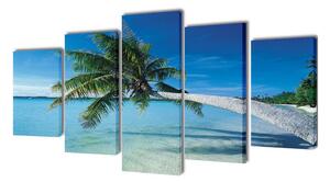 Uppsättning väggbonader på duk: strand med palm 200x100 cm - Flerfärgad