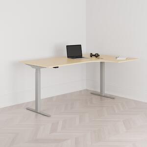 Höj och sänkbart svängt skrivbord, 2-motorigt, högersvängt, grått stativ, björk bordsskiva 180x120cm
