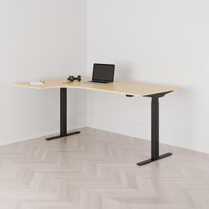 Höj och sänkbart svängt skrivbord, 2-motorigt, vänstersvängt, svart stativ, björk bordsskiva 180x120cm