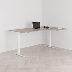 Höj och sänkbart svängt skrivbord, 2-motorigt, högersvängt, vitt stativ, ek bordsskiva 180x120cm