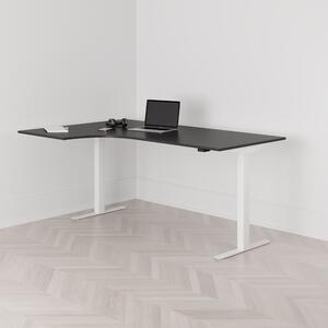 Höj och sänkbart svängt skrivbord, 2-motorigt, vänstersvängt, vitt stativ, svart bordsskiva 180x120cm