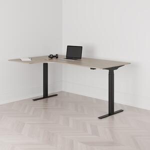 Höj och sänkbart svängt skrivbord, 2-motorigt, vänstersvängt, svart stativ, ek bordsskiva 180x120cm