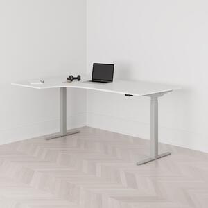 Höj och sänkbart svängt skrivbord, 2-motorigt, vänstersvängt, grått stativ, vit bordsskiva 180x120cm