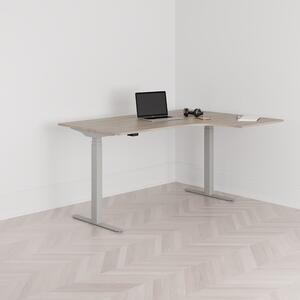 Höj och sänkbart svängt skrivbord, 2-motorigt, högersvängt, grått stativ, ek bordsskiva 160x120cm