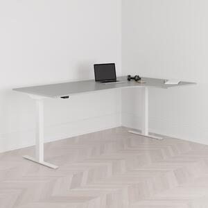 Höj och sänkbart svängt skrivbord, 2-motorigt, högersvängt, vitt stativ, grå bordsskiva 200x120cm