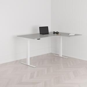 Höj och sänkbart svängt skrivbord, 2-motorigt, högersvängt, vitt stativ, grå bordsskiva 160x120cm