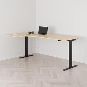 Höj och sänkbart svängt skrivbord, 2-motorigt, vänstersvängt, svart stativ, björk bordsskiva 200x120cm