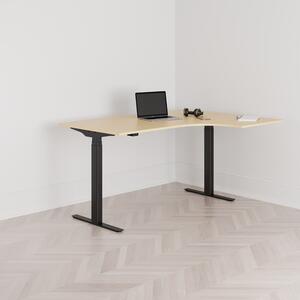 Höj och sänkbart svängt skrivbord, 2-motorigt, högersvängt, svart stativ, björk bordsskiva 160x120cm