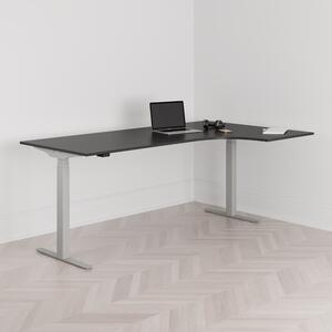 Höj och sänkbart svängt skrivbord, 2-motorigt, högersvängt, grått stativ, svart bordsskiva 200x120cm