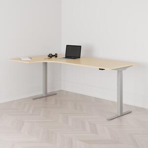 Höj och sänkbart svängt skrivbord, 2-motorigt, vänstersvängt, grått stativ, björk bordsskiva 200x120cm