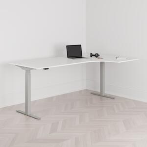 Höj och sänkbart svängt skrivbord, 2-motorigt, högersvängt, grått stativ, vit bordsskiva 200x120cm