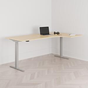 Höj och sänkbart svängt skrivbord, 2-motorigt, högersvängt, grått stativ, björk bordsskiva 200x120cm