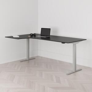 Höj och sänkbart svängt skrivbord, 2-motorigt, vänstersvängt, grått stativ, svart bordsskiva 200x120cm