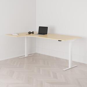 Höj och sänkbart svängt skrivbord, 2-motorigt, vänstersvängt, vitt stativ, björk bordsskiva 200x120cm