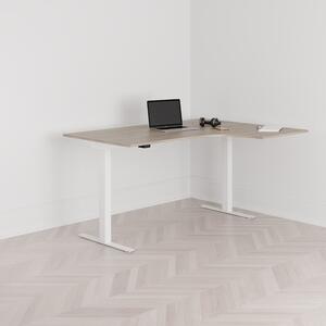 Höj och sänkbart svängt skrivbord, 2-motorigt, högersvängt, vitt stativ, ek bordsskiva 160x120cm
