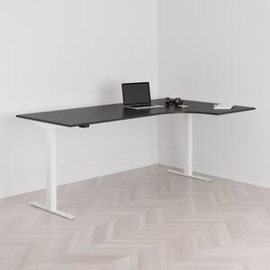 Höj och sänkbart svängt skrivbord, 2-motorigt, högersvängt, vitt stativ, svart bordsskiva 200x120cm