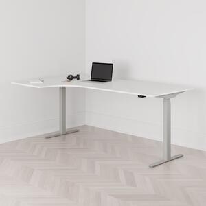 Höj och sänkbart svängt skrivbord, 2-motorigt, vänstersvängt, grått stativ, vit bordsskiva 200x120cm