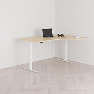 Höj och sänkbart svängt skrivbord, 2-motorigt, högersvängt, vitt stativ, björk bordsskiva 160x120cm
