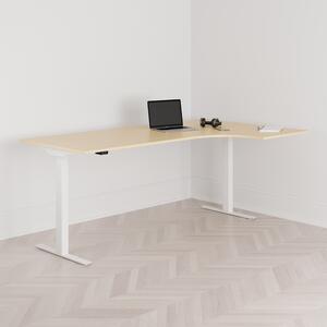 Höj och sänkbart svängt skrivbord, 2-motorigt, högersvängt, vitt stativ, björk bordsskiva 200x120cm