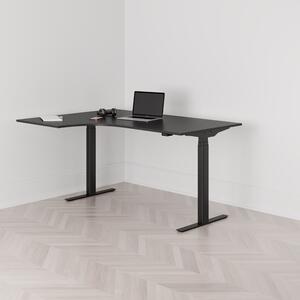 Höj och sänkbart svängt skrivbord, 2-motorigt, vänstersvängt, svart stativ, svart bordsskiva 160x120cm