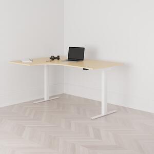 Höj och sänkbart svängt skrivbord, 2-motorigt, vänstersvängt, vitt stativ, björk bordsskiva 160x120cm