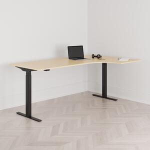 Höj och sänkbart svängt skrivbord, 2-motorigt, högersvängt, svart stativ, björk bordsskiva 200x120cm