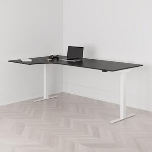 Höj och sänkbart svängt skrivbord, 2-motorigt, vänstersvängt, vitt stativ, svart bordsskiva 200x120cm