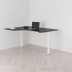 Höj och sänkbart svängt skrivbord, 2-motorigt, vänstersvängt, vitt stativ, svart bordsskiva 160x120cm