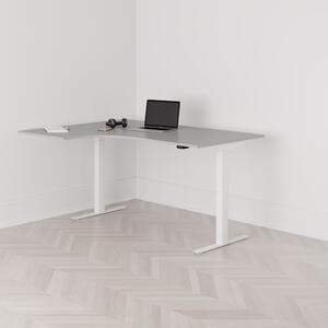 Höj och sänkbart svängt skrivbord, 2-motorigt, vänstersvängt, vitt stativ, grå bordsskiva 160x120cm