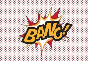 Fototapet - BANG! - modern motif with yellow text on a background of red dots - Standard 100x70