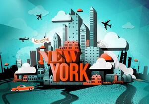 Fototapet - Street Art - Red New York Text with Skyscraper and Car Motif - Standard 100x70