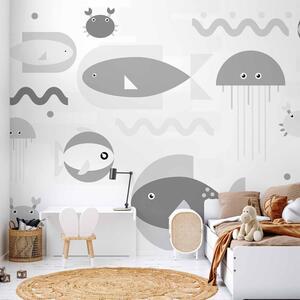 Fototapet - Minimalist grey ocean - geometric fish in water for children - Premium 250x175