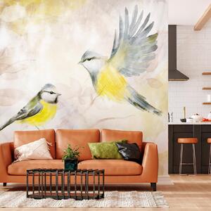 Fototapet - Painted tits - bird motif with patterns in yellow and beige tones - Premium 350x256