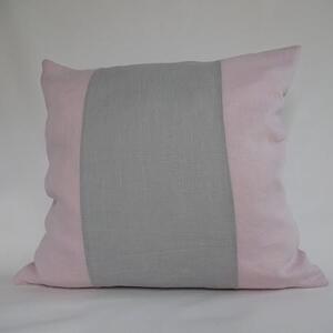 Randigt kuddfodral ljusgrått och rosa i tvättat sanforiserat linne 50x50