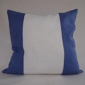Randigt kuddfodral vitt och ljusblått i tvättat sanforiserat linne 50x50