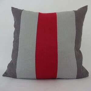 Smalrandigt kuddfodral rött och grått i tvättat sanforiserat linne 50x50