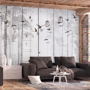 Fototapet - Minimalist motif - black birds on a white background with wood texture - Självhäftande 98x70