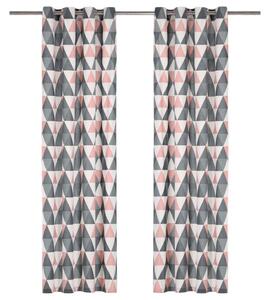 Gardiner med metallringar 2 st bomull 140x225 cm grå och rosa