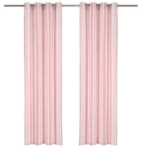Gardiner med metallringar 2 st bomull 140x225 cm rosa ränder