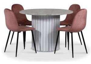 Empire matgrupp Ø105 cm inkl. 4 st Carisma rosa stolar - Silver Diana marmor / Vit lamell träfot - Matgrupper