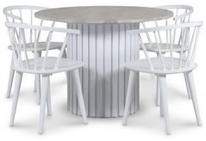 Empire matgrupp Ø105 cm inkl. 4 st Dalsland vita stolar - Silver Diana marmor / Vit lamell träfot - Matgrupper